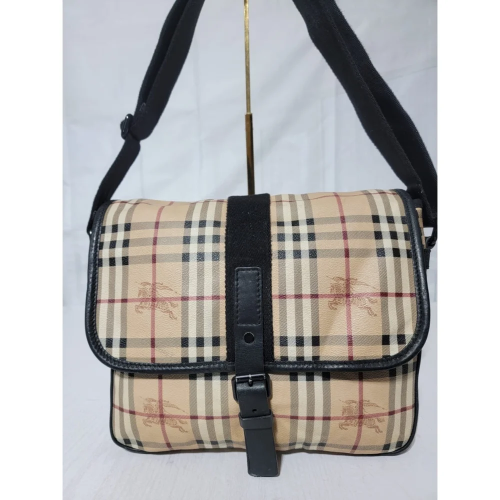 Authentic Burberry Flat Buckle Messenger Bag Haymarket Coated Canvas